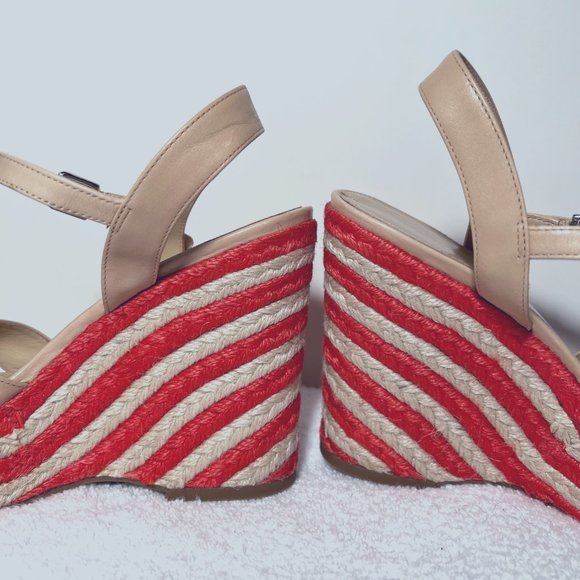 Via Spiga-Women's Wedge Straw Coral & Tan Leather Sandals-4" Heels-Sz. 7M-Unique - Picture 8 of 10